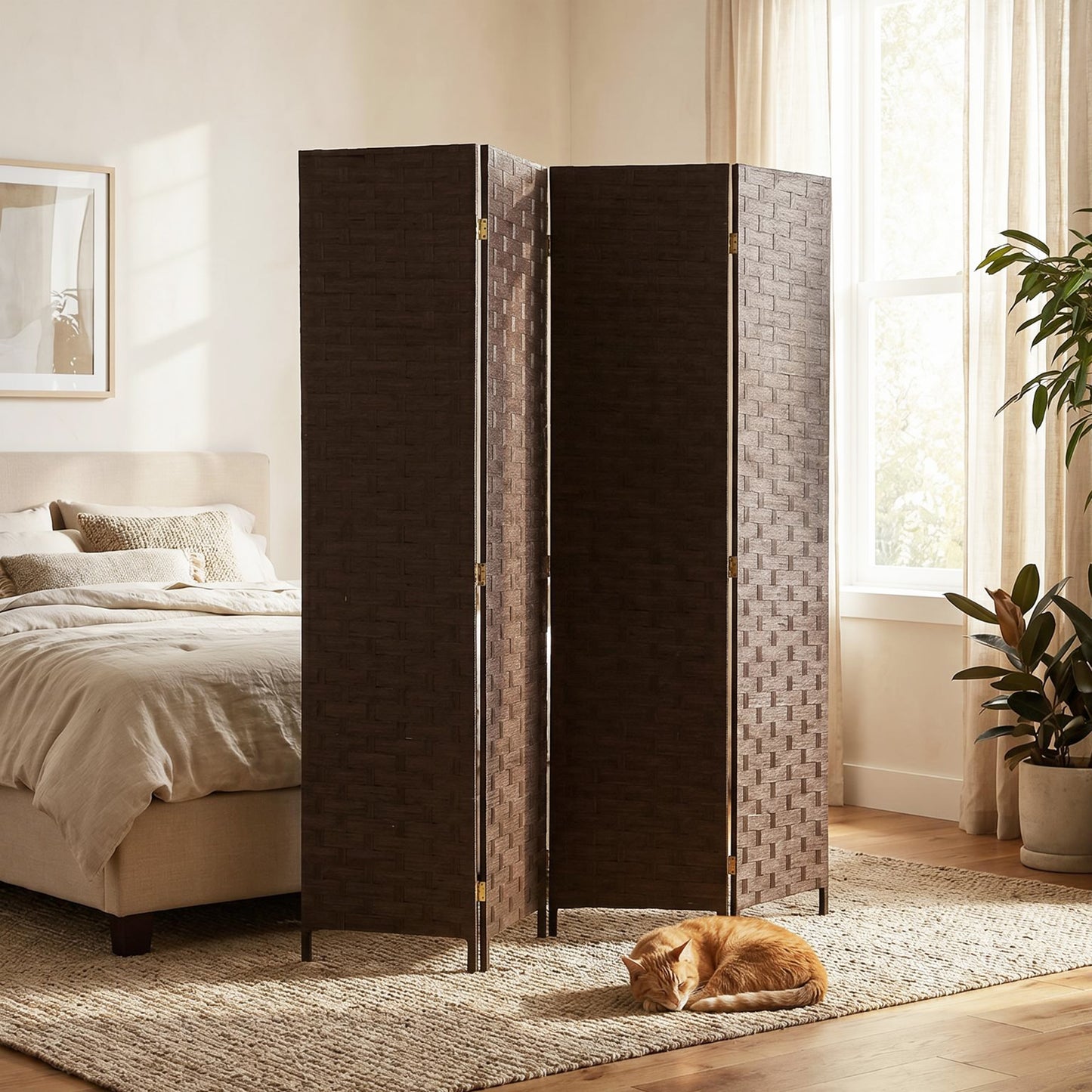 HOMCOM Wave Fibre Freestanding Folding Privacy Screen Four Panels Room Divider Dark Brown