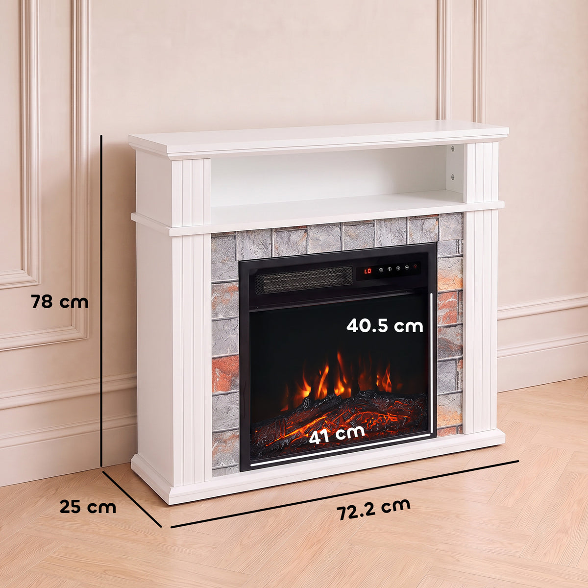 White electric fireplace TV stand with LED flame insert, shown with size measurements.