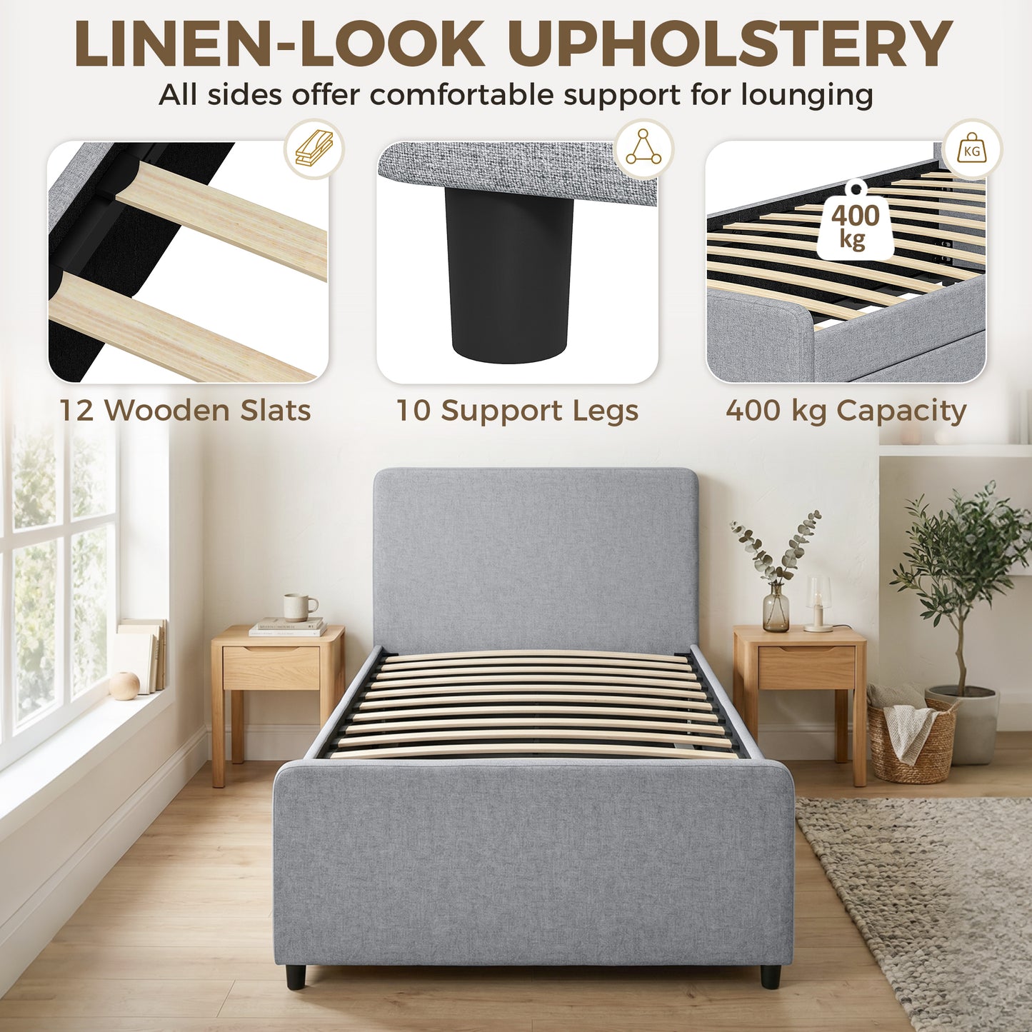 HOMCOM 3ft Single Bed Frame with Trundle Upholstered Pull Out Trundle Bed with Headboard And Footboard Light Grey