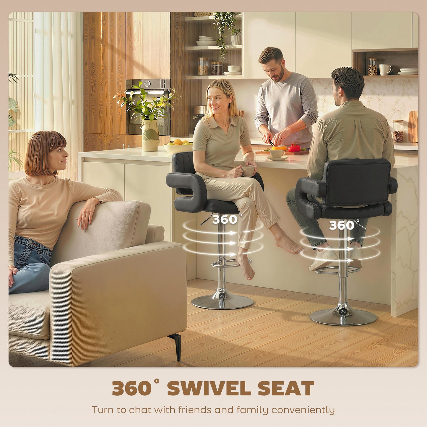 Homcom Adjustable Swivel Bar Stools With Backrest And Armrests Set Of 2 PU Leather Black