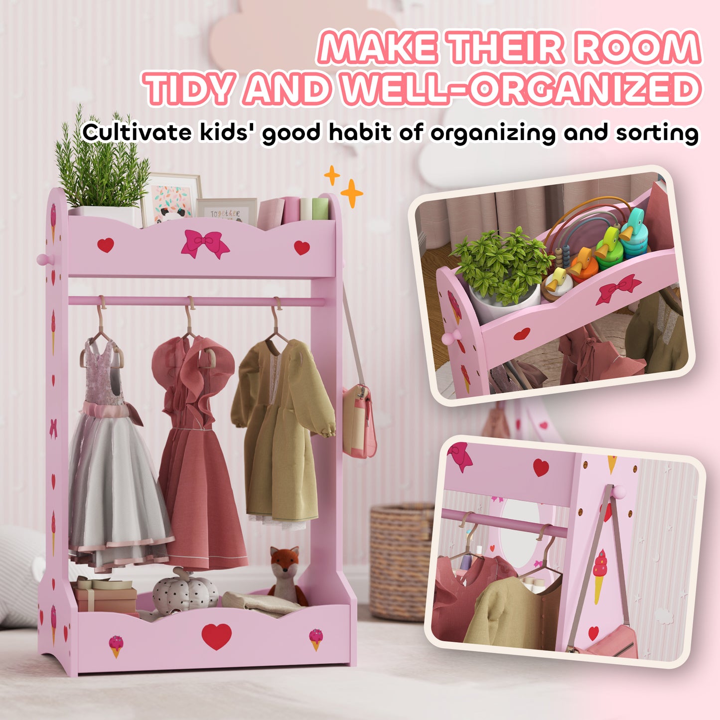 AIYAPLAY Kids Bed With Safety Rails Clothes Rail Full Length Mirror 3 Piece Pink Bedroom Furniture Set