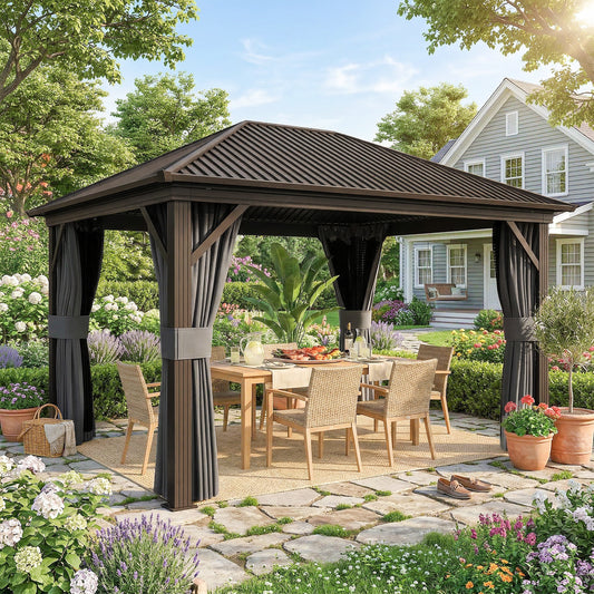 Outsunny 3.6 X 3 M Aluminium Hardtop Gazebo With Accessories In Dark Grey With Four Curtains And Inner Mesh Curtains