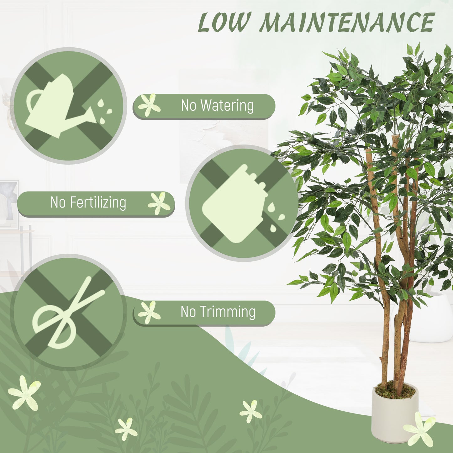 HOMCOM 150cm Artificial Ficus Tree With Solid Wood Trunk In White Pot For Indoor Decor Green Foliage