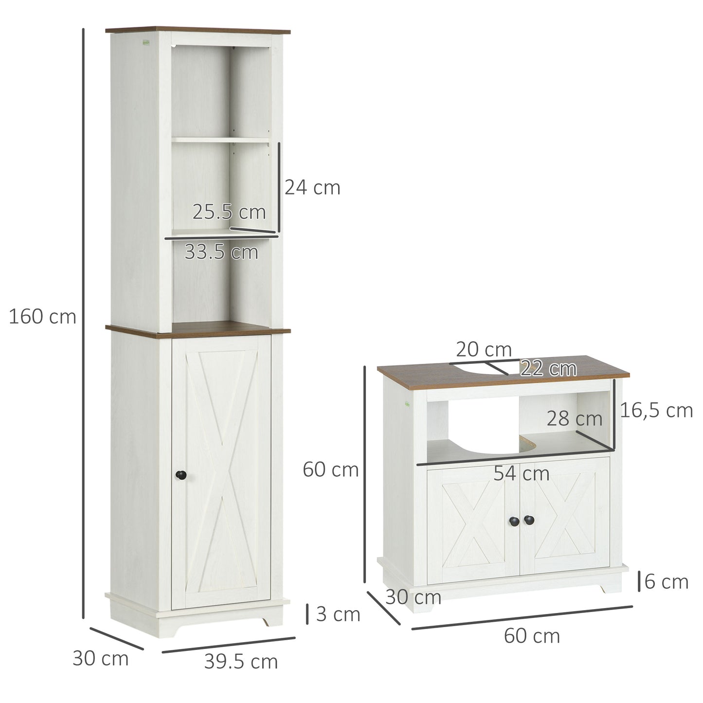 Kleankin 2 Piece Bathroom Furniture Set Tall Cabinet With Adjustable Shelves Under Sink Cabinet Ash Wood Effect