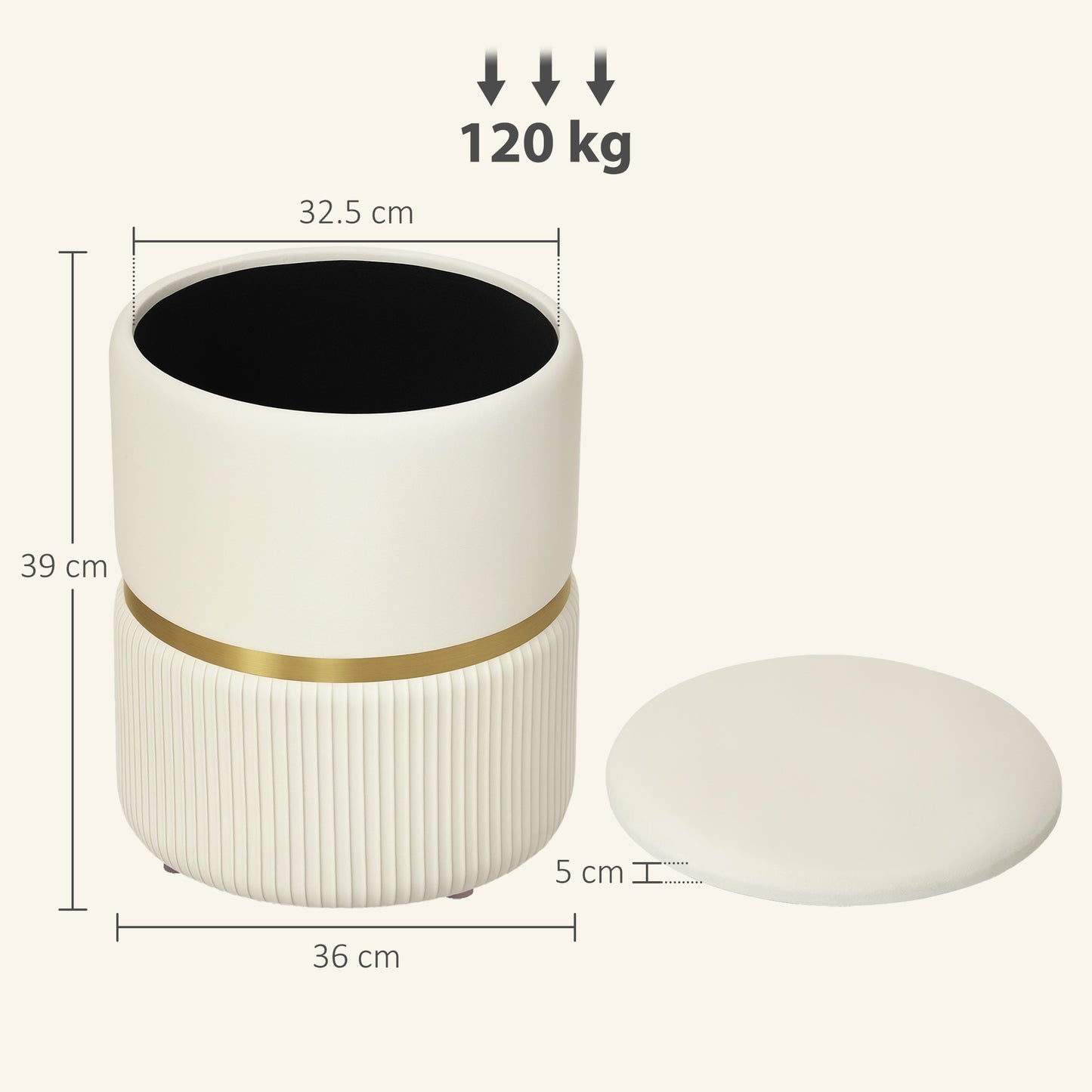 HOMCOM Velvet Upholstered Round Storage Ottoman With Removable Top Padded Seat And Hidden Storage Beige