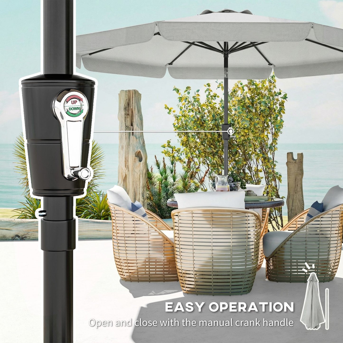 Outsunny 3m Garden Parasol With Tilt Mechanism And Crank Handle UPF 30 Plus Patio Table Umbrella Light Grey