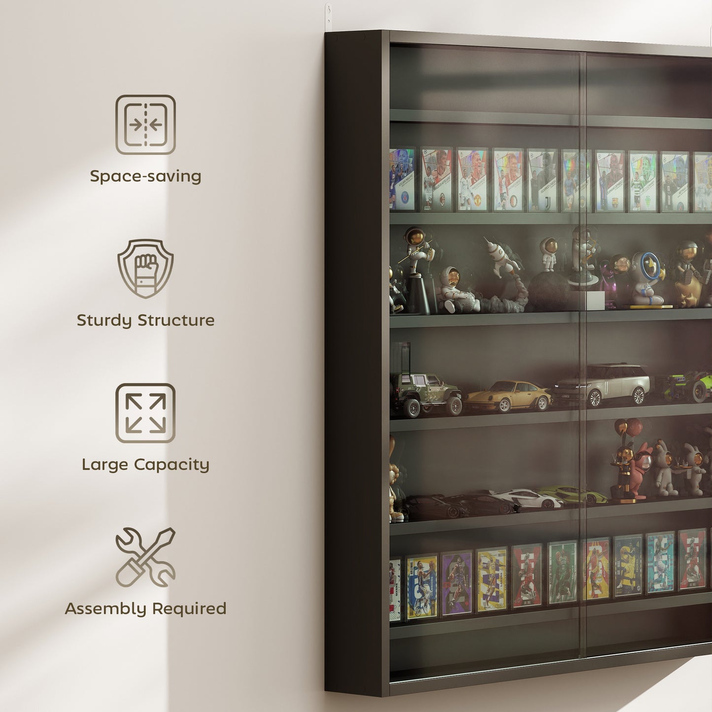 HOMCOM Six Shelf Display Cabinet With Glass Doors Black For Display And Storage Adjustable Shelves In Eleven Positions