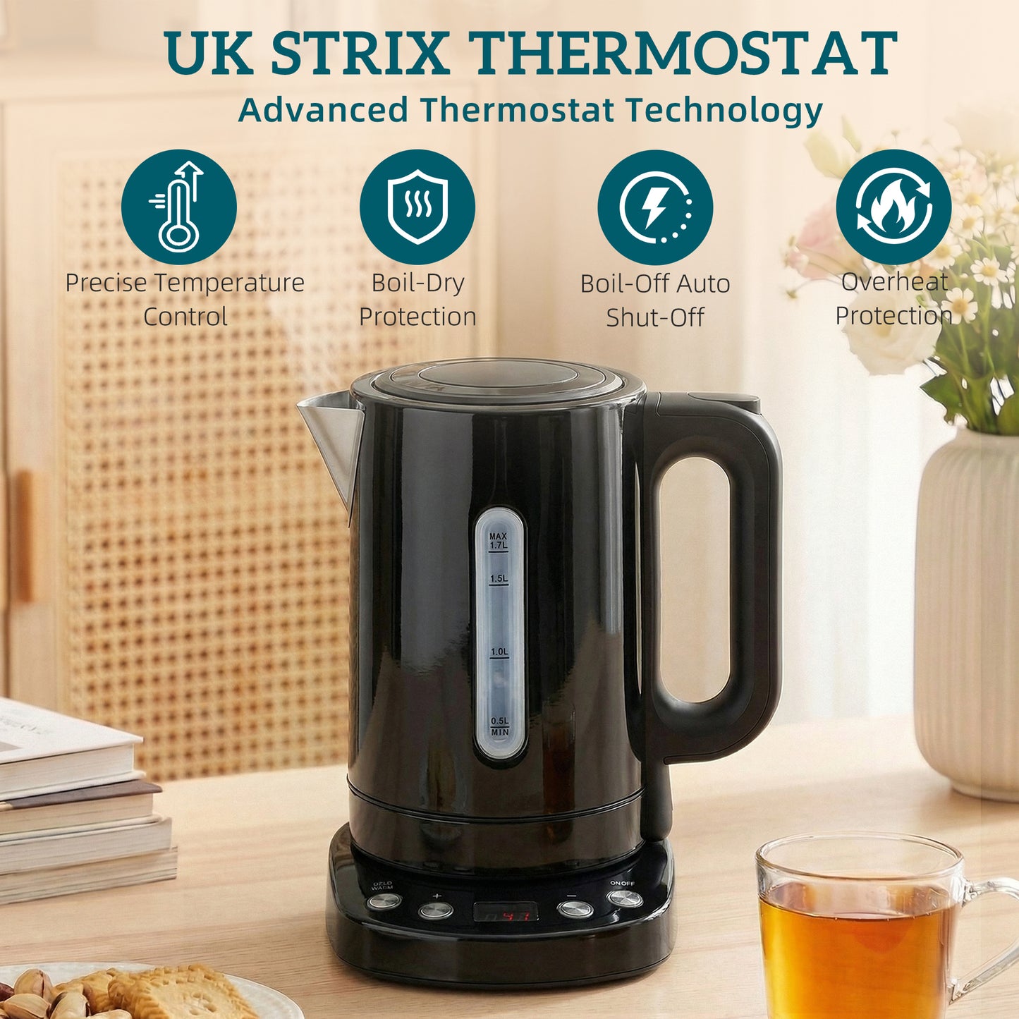 HOMCOM 1.7L Electric Kettle 3kW Fast Boil UK Strix Thermostat Keep Warm LCD Base Black