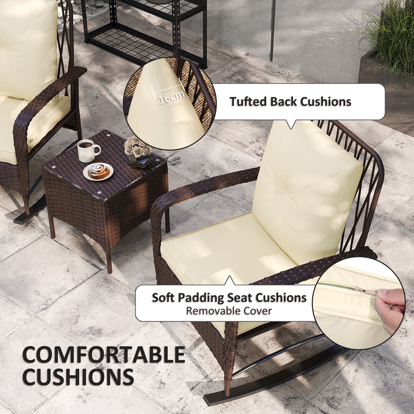 Outsunny Three Piece Rattan Bistro Set With Glass Top Table Two Rocking Chairs Brown Outdoor Garden