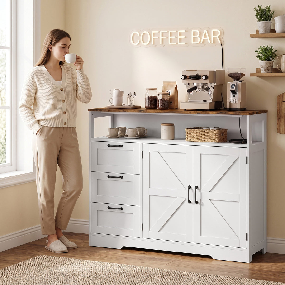 HOMCOM Farmhouse Sideboard Cabinet With Power Outlet 3 Drawers And Open Shelf