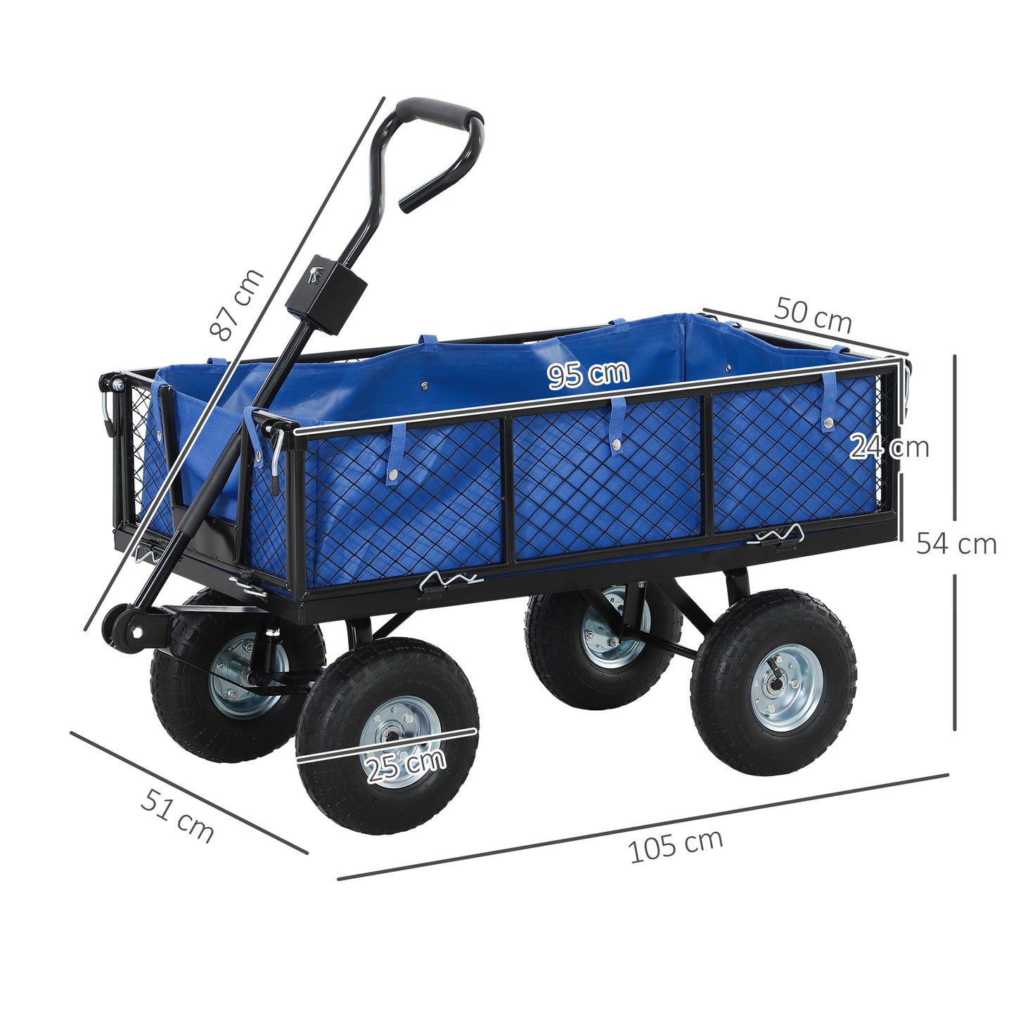 Outsunny 114L Steel Frame Garden Cart Trolley Heavy Duty With Removable Waterproof Bag Blue