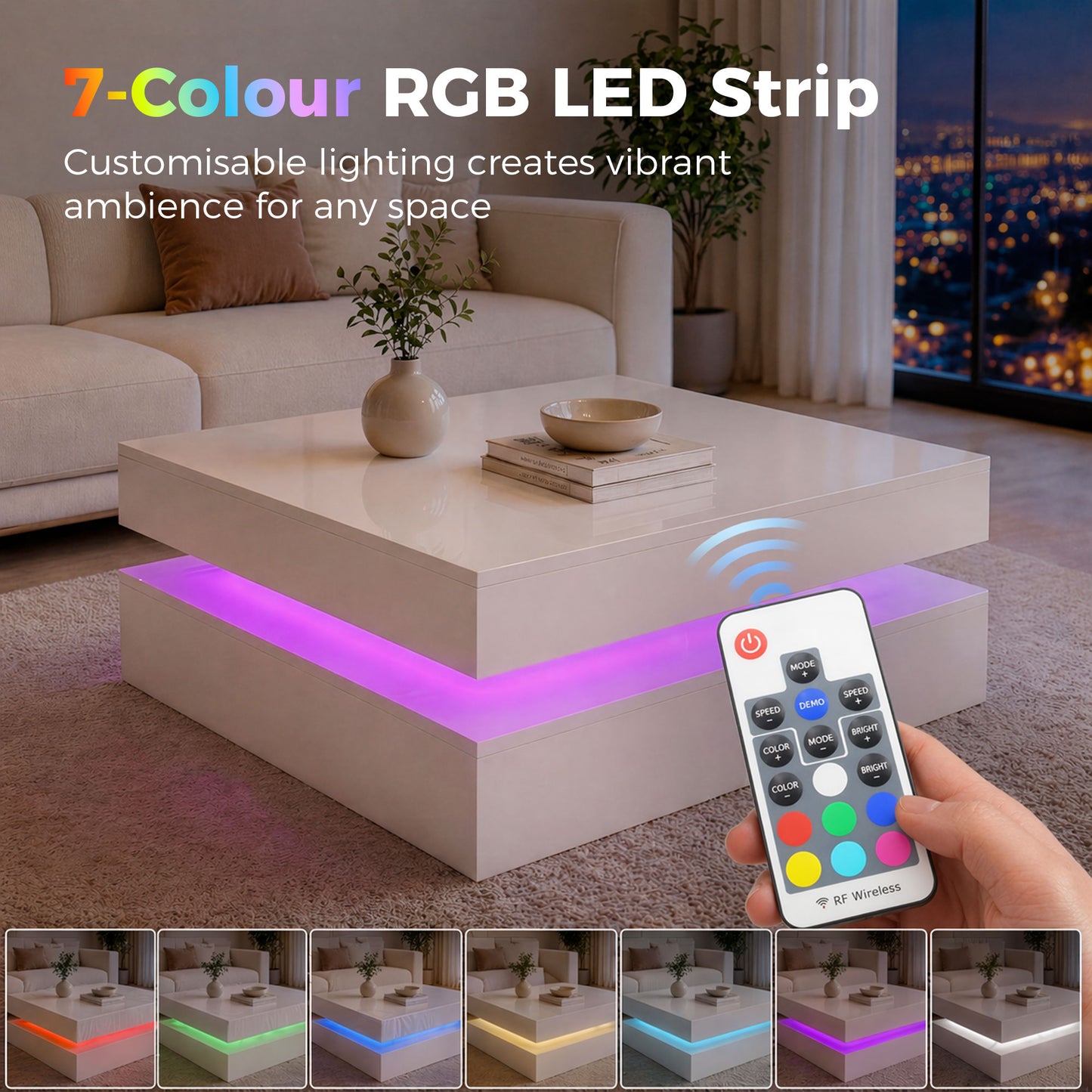 HOMCOM LED Coffee Table With Storage And RGB Lighting, 2-Tier Modern Centre Table With Open Shelf, Remote