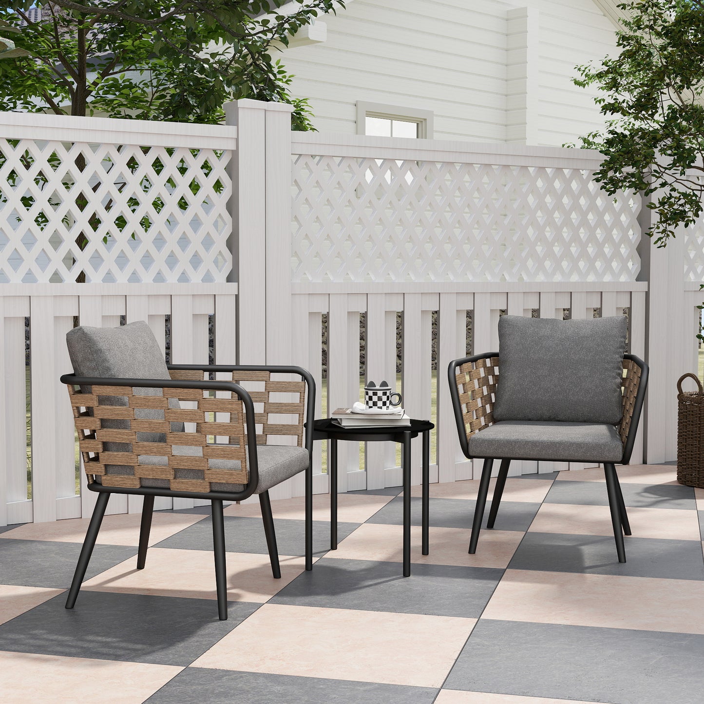 Outsunny 3 Pieces Rattan Bistro Set With Washable Cushions And Glass Top Coffee Table For Outdoor Patio Black