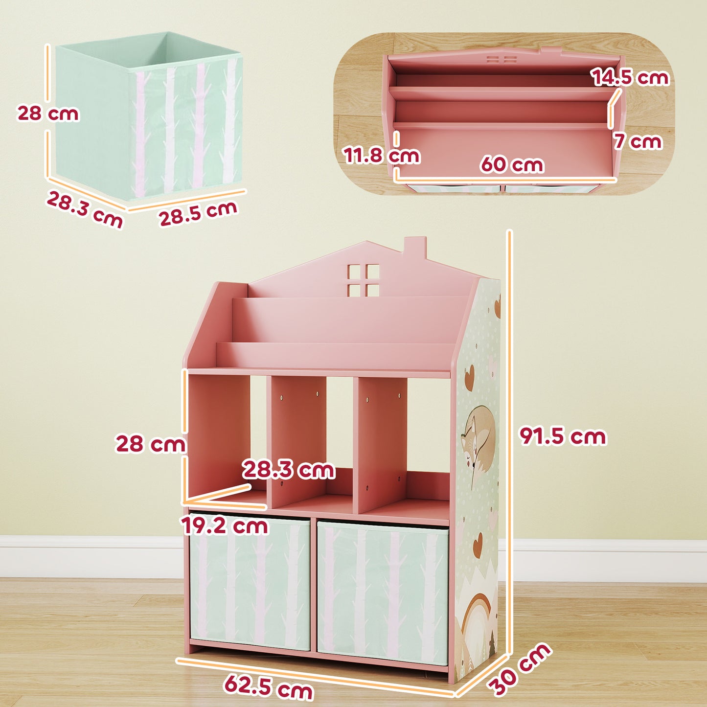 AIYAPLAY Kids Bookshelf With Storage Toy Display Shelves And Fabric Drawers Pink Playroom Nursery