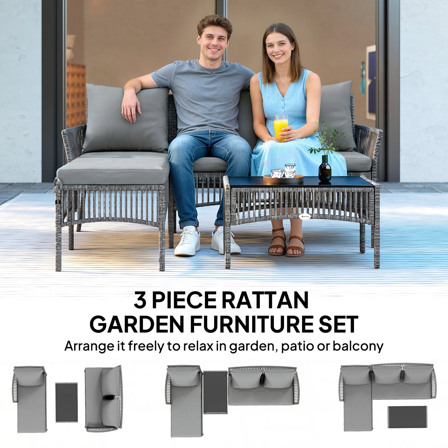 Outsunny 3 Piece Rattan Garden Furniture Set Corner Sofa With Chaise Lounge And Glass Coffee Table Dark Grey Cushions