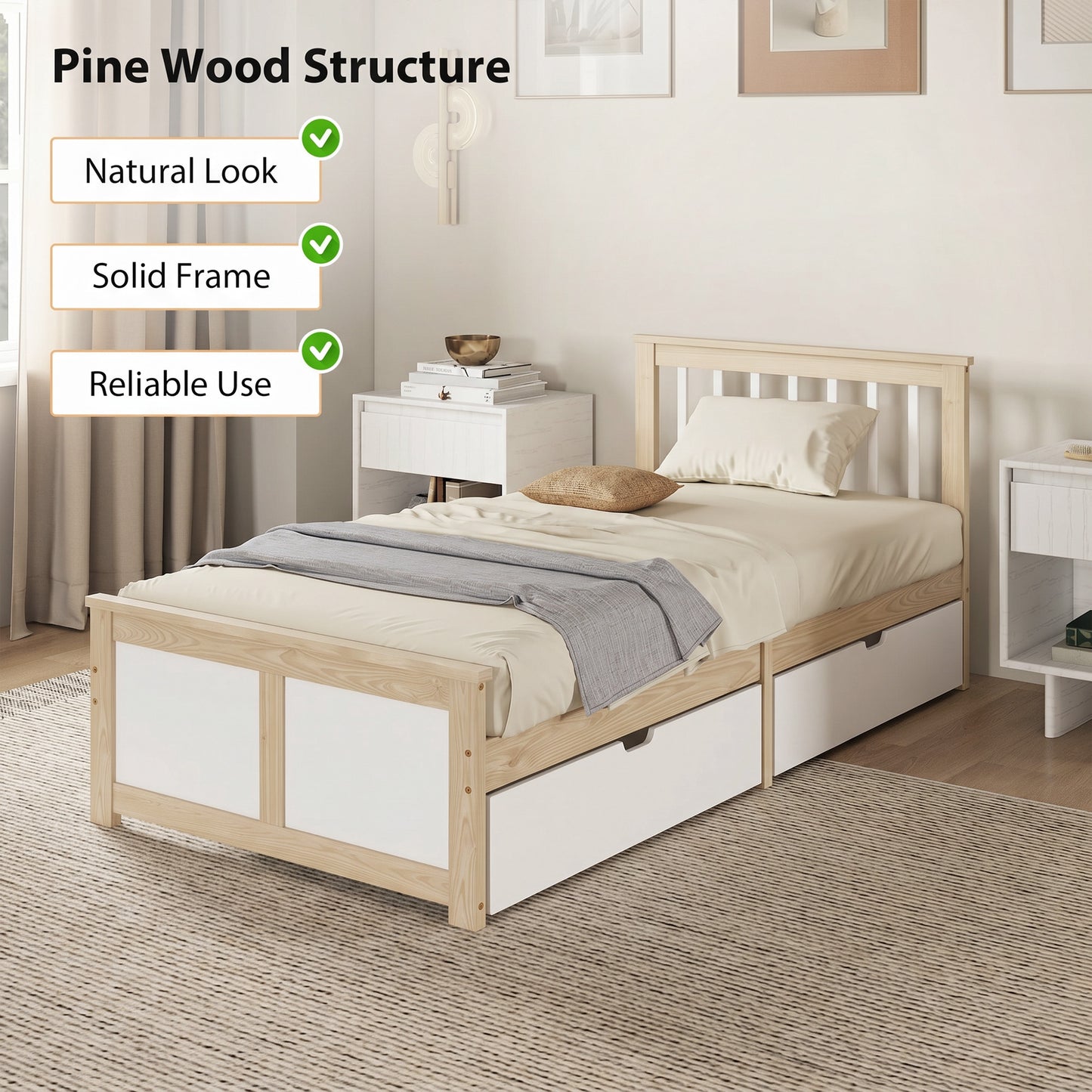 HOMCOM Pine Storage Bed 3ft Single Solid Wooden Bed Frame With Drawers And Headboard Natural Wood Finish