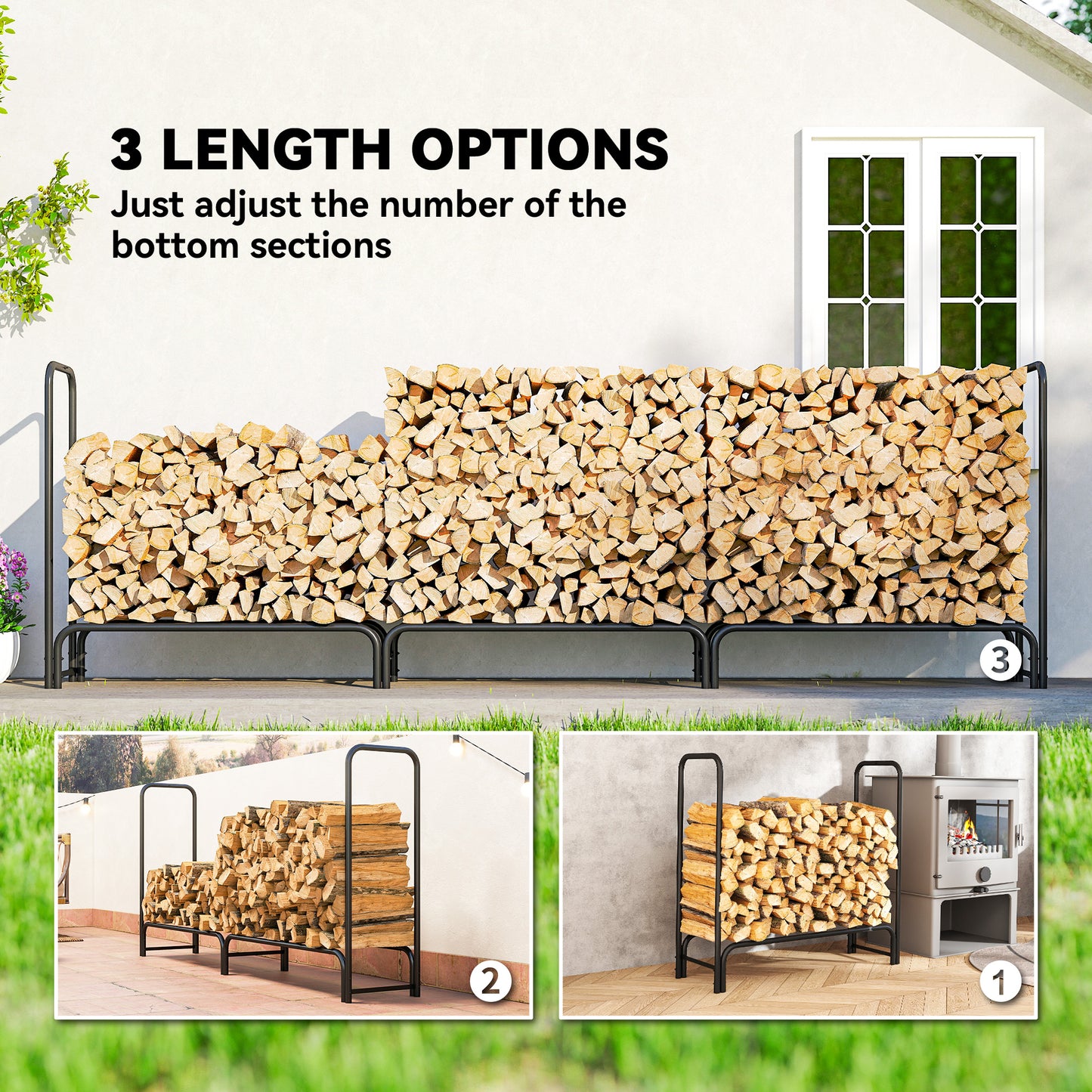 Outsunny Firewood Rack With Waterproof Cover, Heavy Duty Metal Log Storage For Outdoor Indoor Fireplace, 300x36x99 Cm