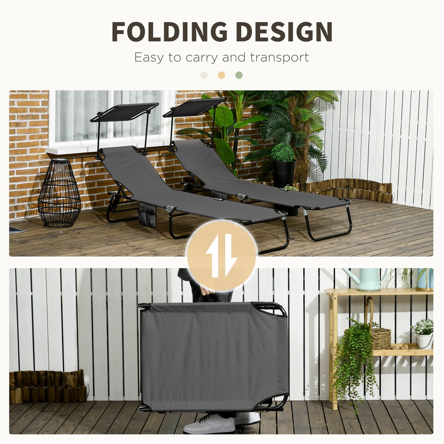 Outsunny Two Folding Sun Loungers With Adjustable Backs And Sun Canopies For Outdoor Patio Grey