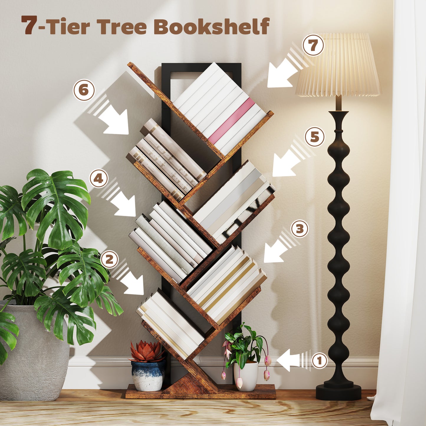 HOMCOM Six Section Tree Bookcase With Steel Frame And Wood Effect Finish For Books Magazines And Media Storage