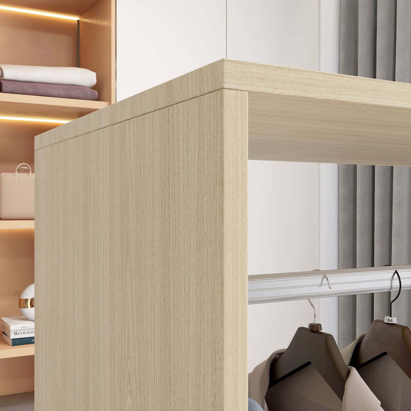 HOMCOM Open Wardrobe On Wheels With Hanging Rail And Two Storage Shelves In Natural Finish For Cloakroom Hallway