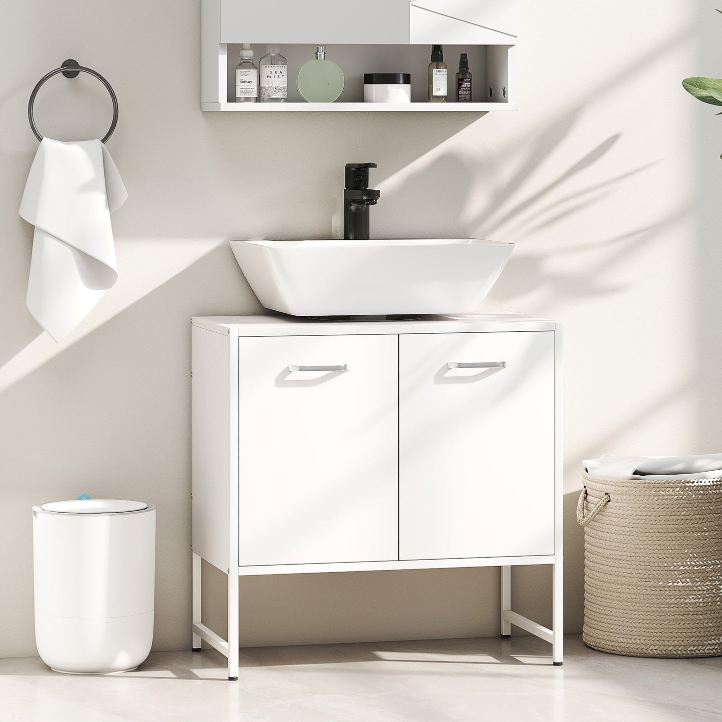 HOMCOM White Bathroom Vanity Unit Under Sink Cabinet With Soft Close Doors Fits Around Basins And Adjustable Shelving