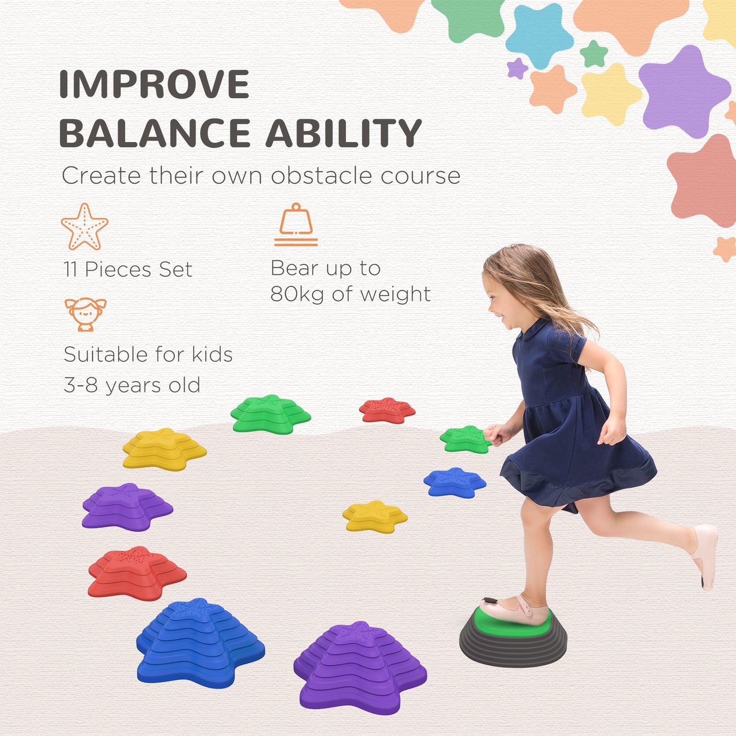 ZONEKIZ Colorful Stepping Stones for Kids, 11-Piece Balance Set for Obstacle Courses, Stackable Non-Slip Starfish Design, Ideal for Sensory Play and Outdoor Fun - ALL4U RETAILER LTD