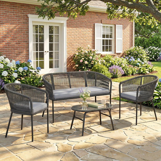 Outsunny 4 Piece Garden Furniture Set Rope Sofa With Loveseat And Two Chairs Tempered Glass Table Cushions Dark Grey