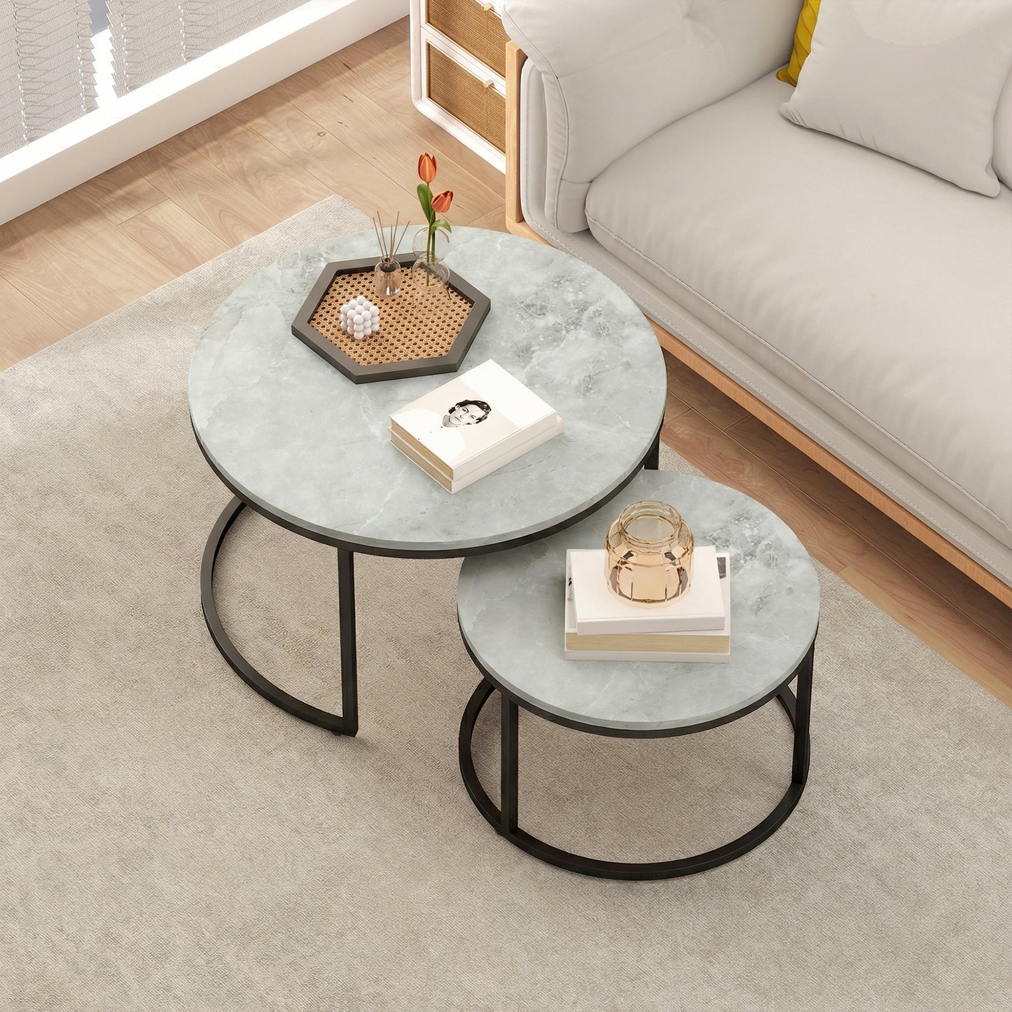 HOMCOM Marble Effect Stacking Tables Set Of Two Grey Nesting Tables For Living Room