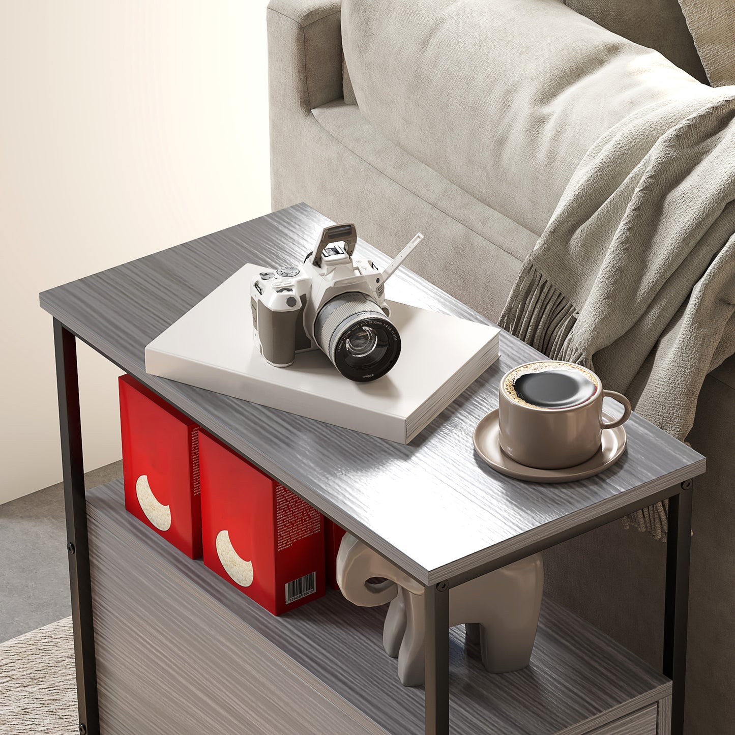 HOMCOM Narrow Bedside Table With 2 Drawers And Storage Shelf Industrial End Table Metal Frame Grey Wood Grain