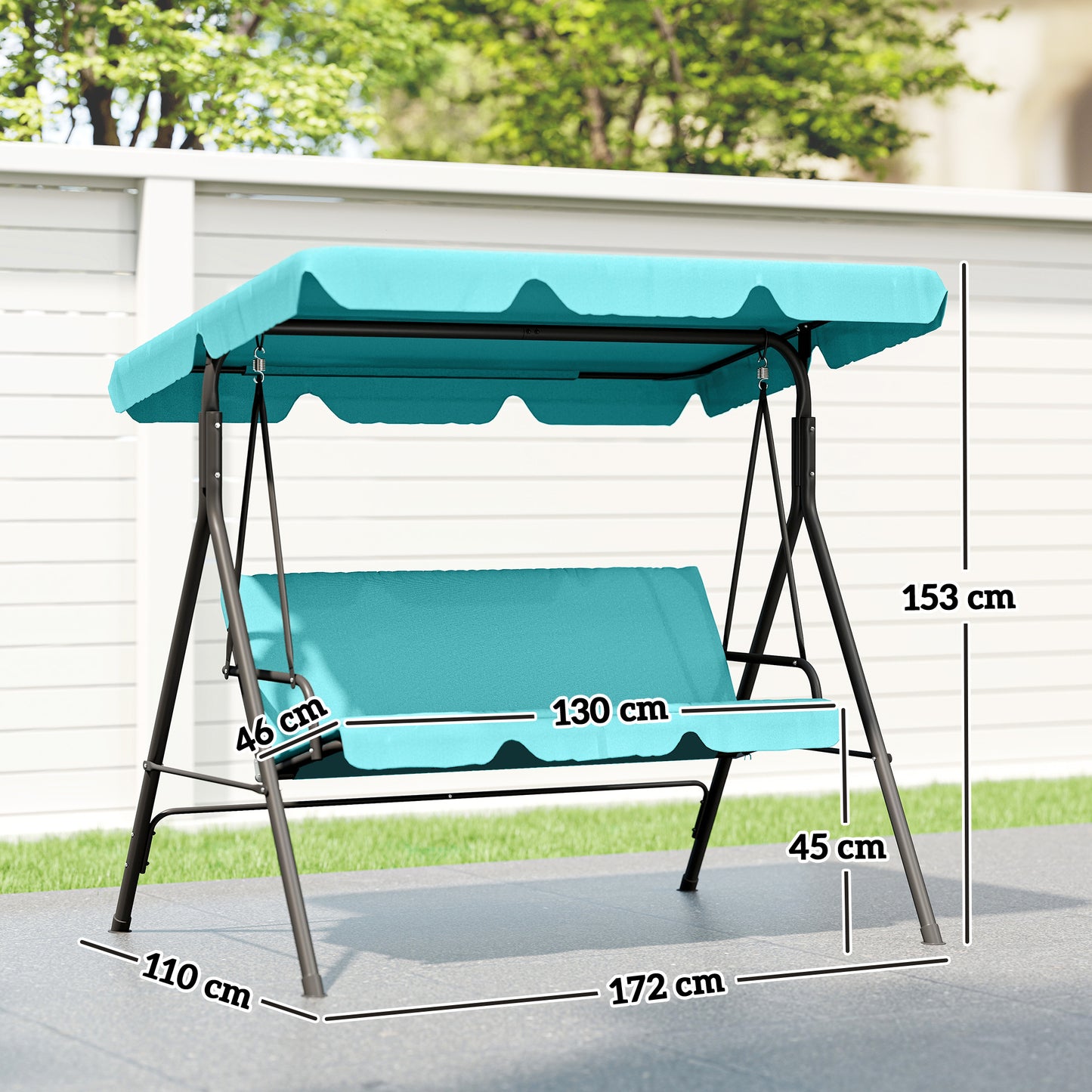 Outsunny Three Seater Garden Swing Chair With Adjustable Canopy Blue Cushioned Seat And High Back