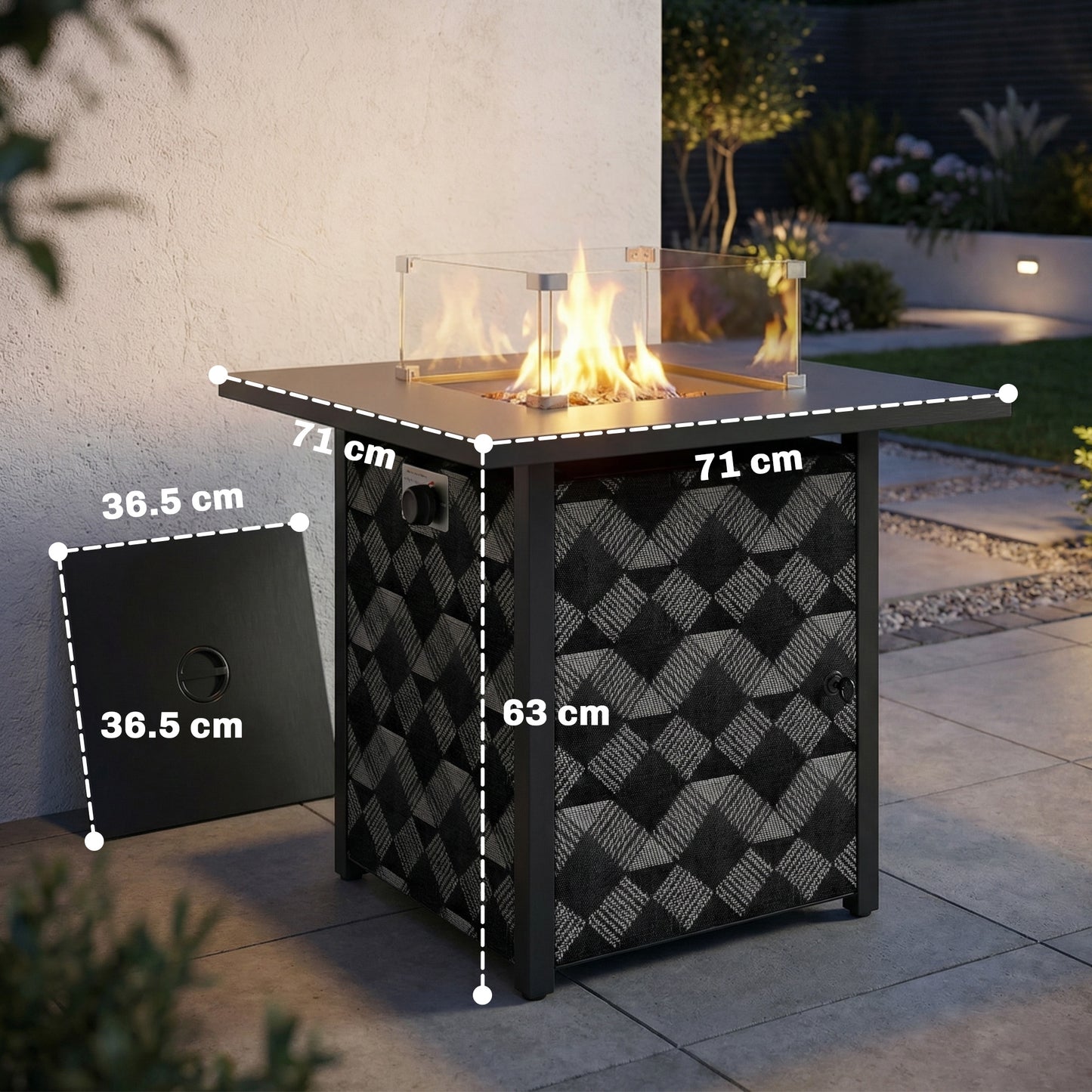 Outsunny Square Propane Gas Fire Pit Table With Glass Wind Guard 12 KW Patio Heater Lava Rocks Gas Tank Holder