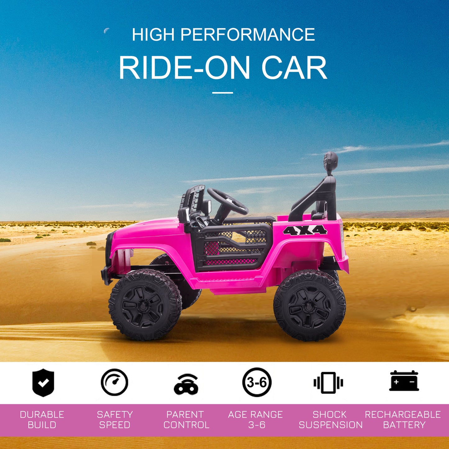 AIYAPLAY Kids 12V Battery-Powered Off-Road Electric Ride-On Car Truck with Remote Control and Safety Features - Pink - ALL4U RETAILER LTD