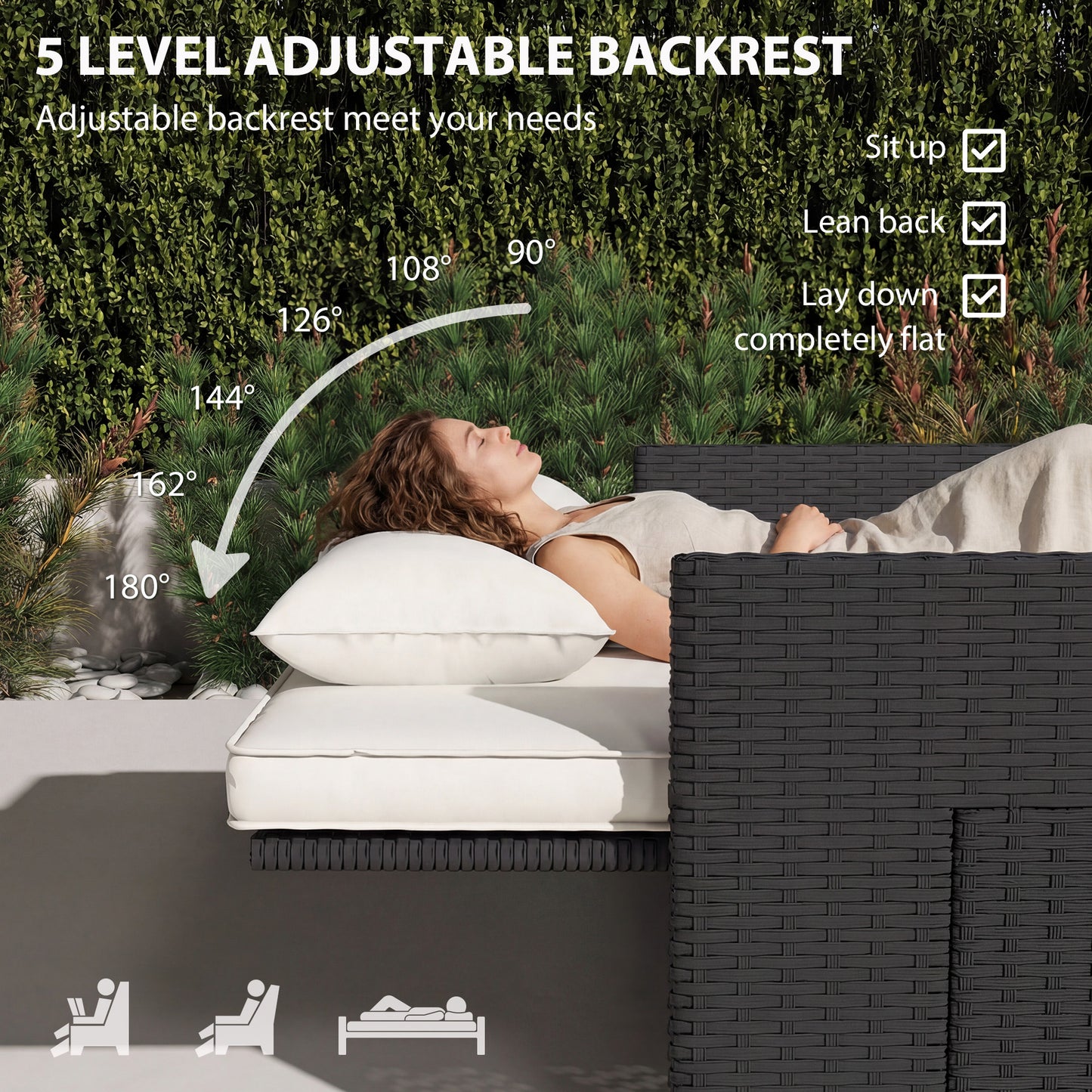 Outsunny Rattan Garden Daybed Two Piece Lounge Set With Adjustable Back And Storage Ottoman Cream White