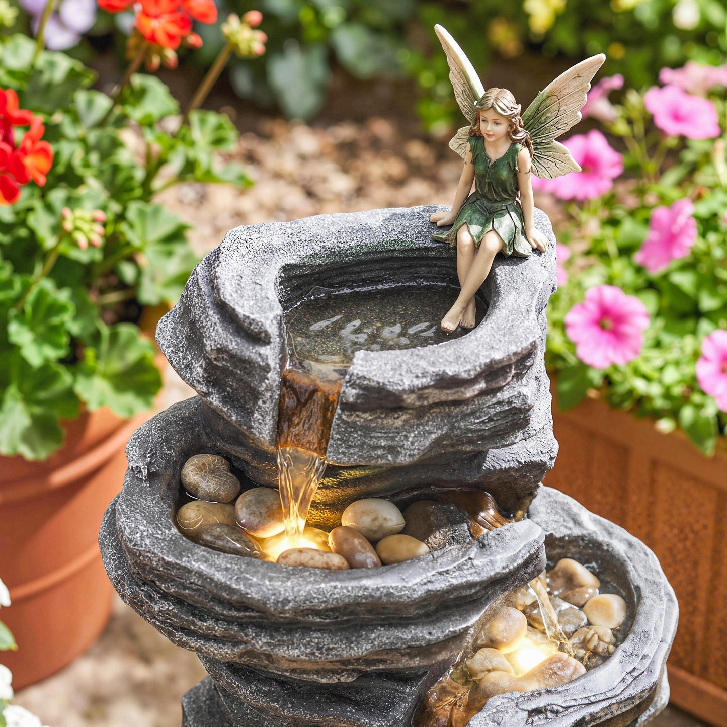 Outsunny 6 Tier Cascading Garden Fountain LED Lights Resin Freestanding Grey Outdoor Water Feature