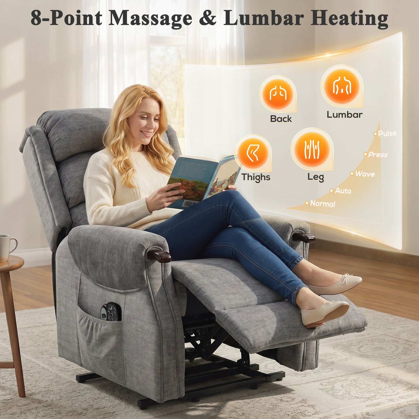 HOMCOM Power Lift Recliner With Vibration Massage And Heat For Tall Users Wood Grip Pocket Spring Light Grey