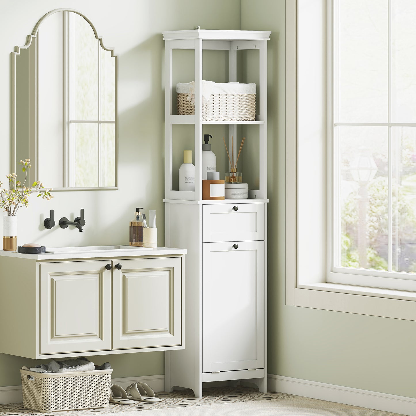 HOMCOM Tall Bathroom Cabinet With 30 L Laundry Hamper White Storage Organizer For Towels And Laundry