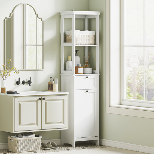 HOMCOM Tall Bathroom Cabinet With 30 L Laundry Hamper White Storage Organizer For Towels And Laundry