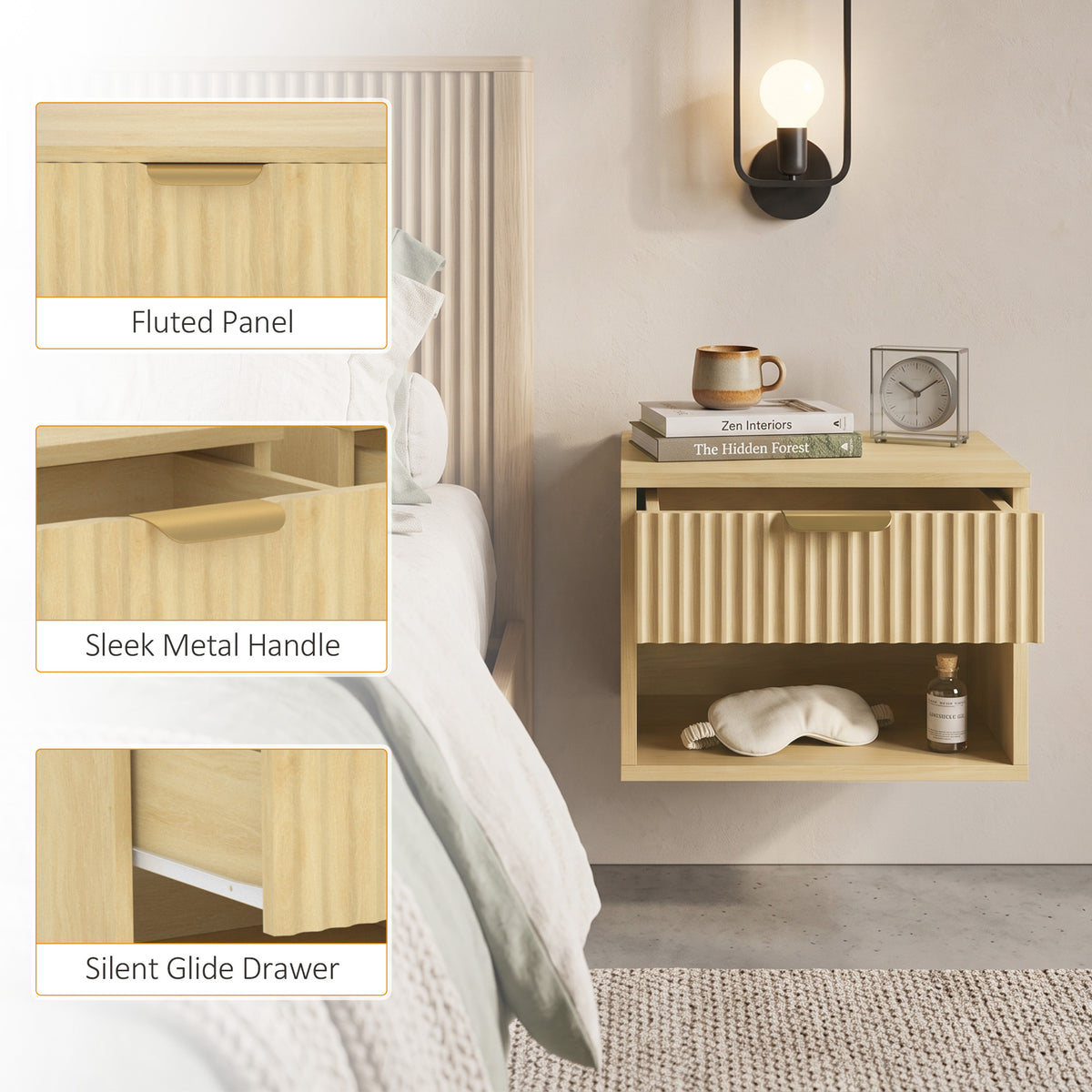 Modern Floating Nightstands Set Of 2 Wall Mounted Fluted Drawer Oak