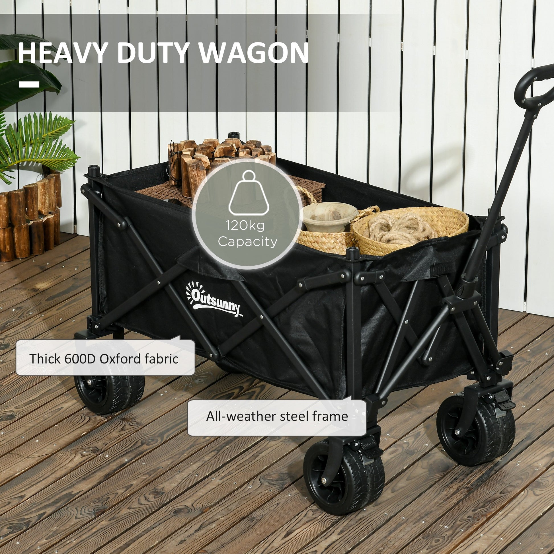 Outsunny 110L Foldable Garden Wagon Cart with Carry Bag - Heavy-Duty Outdoor Trolley for Beach, Camping, and Festivals, 120KG Load Capacity, Black - ALL4U RETAILER LTD