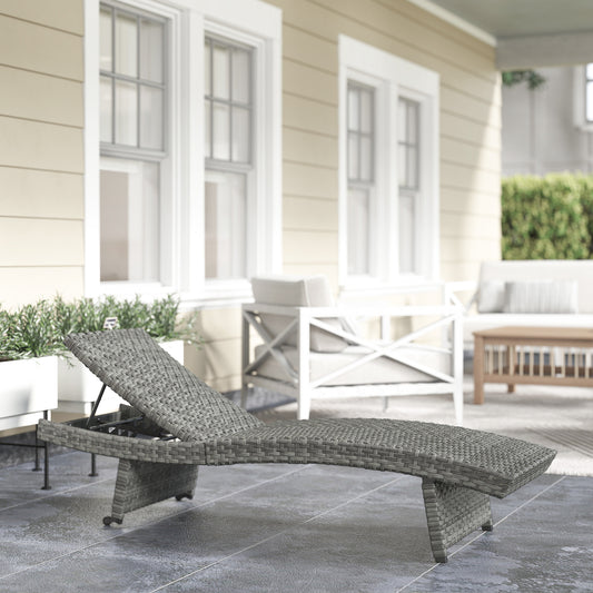 Outsunny Outdoor PE Rattan Sun Lounger Folding Wicker Garden Lounger Recliner With 4 Level Adjustable Backrest Wheels