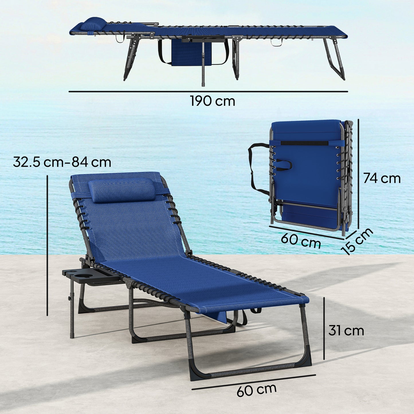 Outsunny Five Position Adjustable Reclining Sun Loungers Set Of 2 In Dark Blue With Steel Frames
