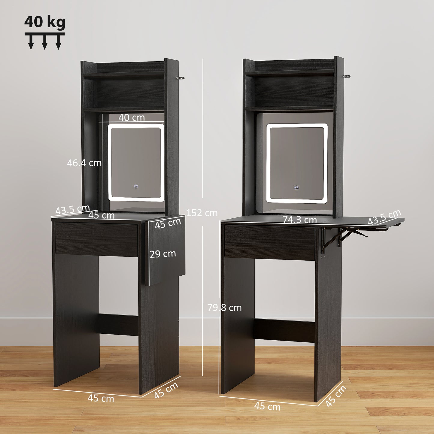 HOMCOM Small Vanity Desk With Mirror And LED Lights Compact Dressing Table With Drop Leaf Open Shelves And Drawer Black