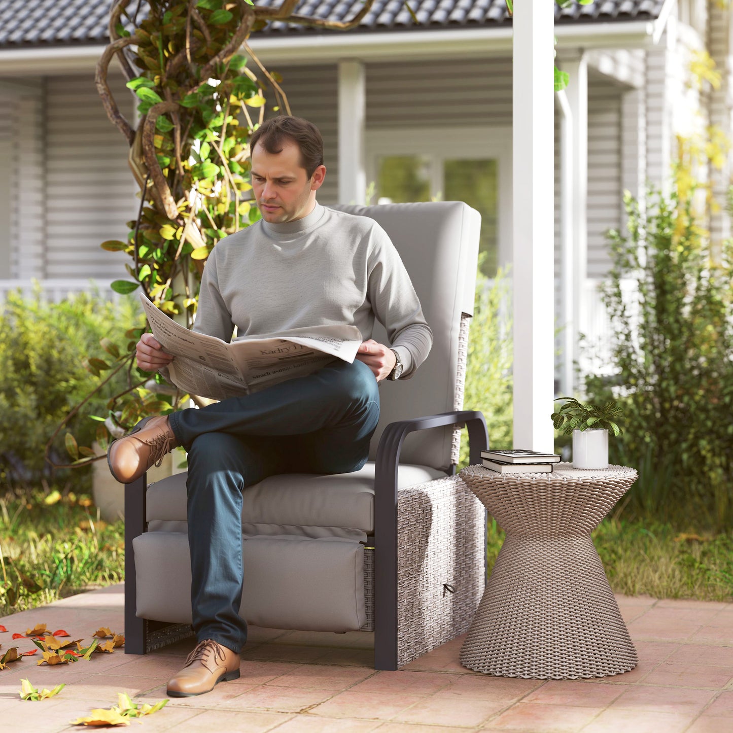 Outsunny 140 Degree Reclining Rattan Armchair With Adjustable Back And Footrest In Mixed Grey Cushioned Lounge Chair