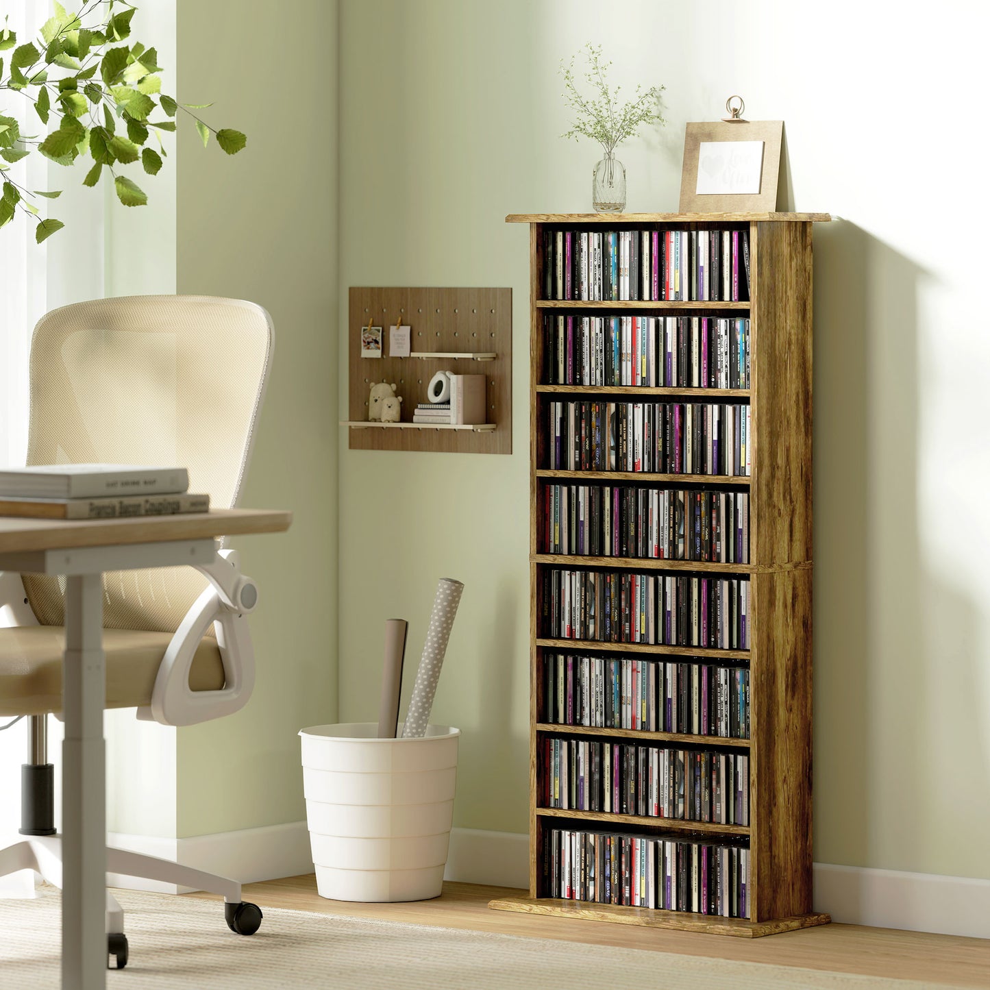 HOMCOM 360 CD DVD Blu Ray Storage Unit Rustic Brown With 8 Shelves 6 Adjustable Anti Tipping Wall Straps