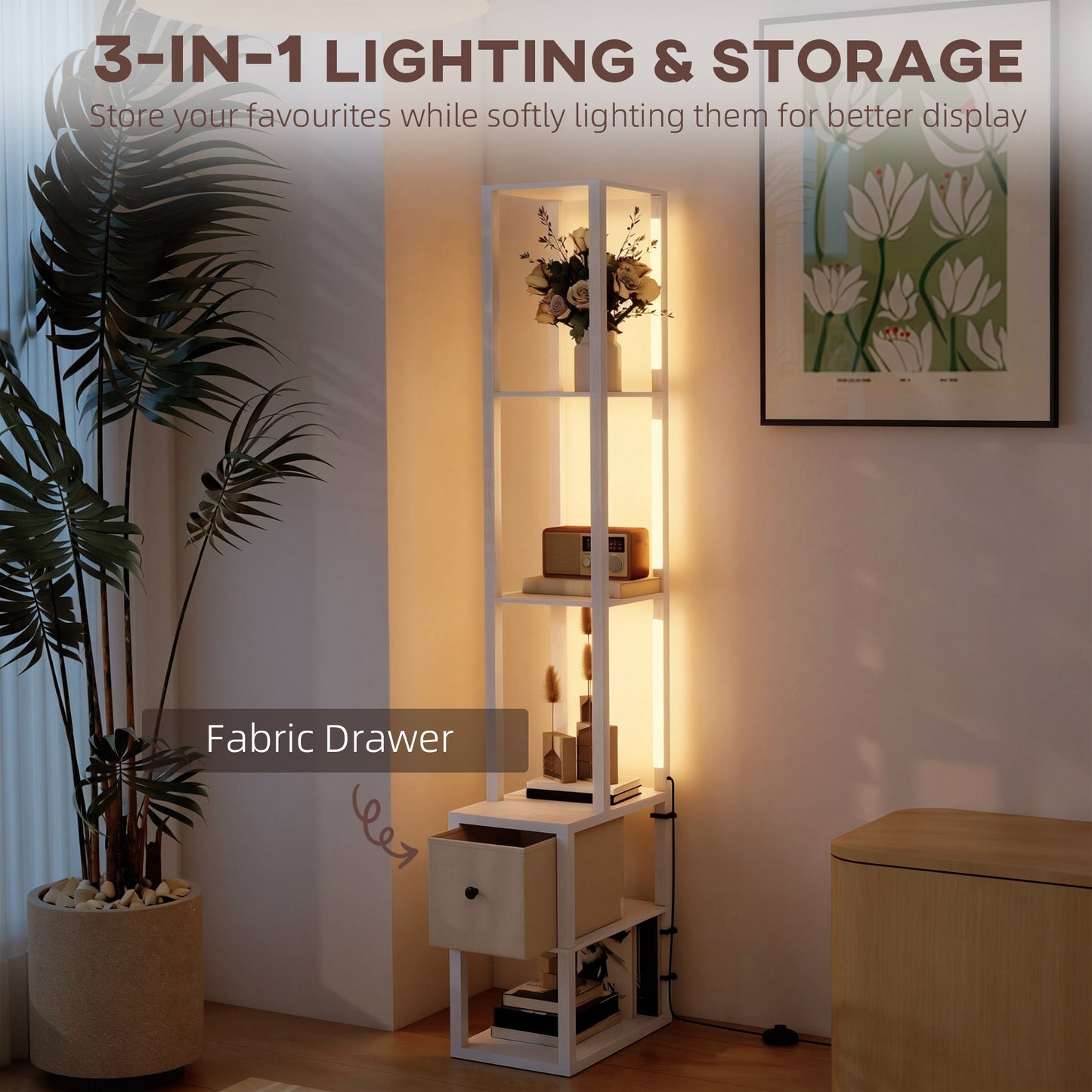 HOMCOM Floor Lamp With Shelves And Fabric Drawer LED Column Modern Standing Lamp Adjustable Brightness Foot Switch White