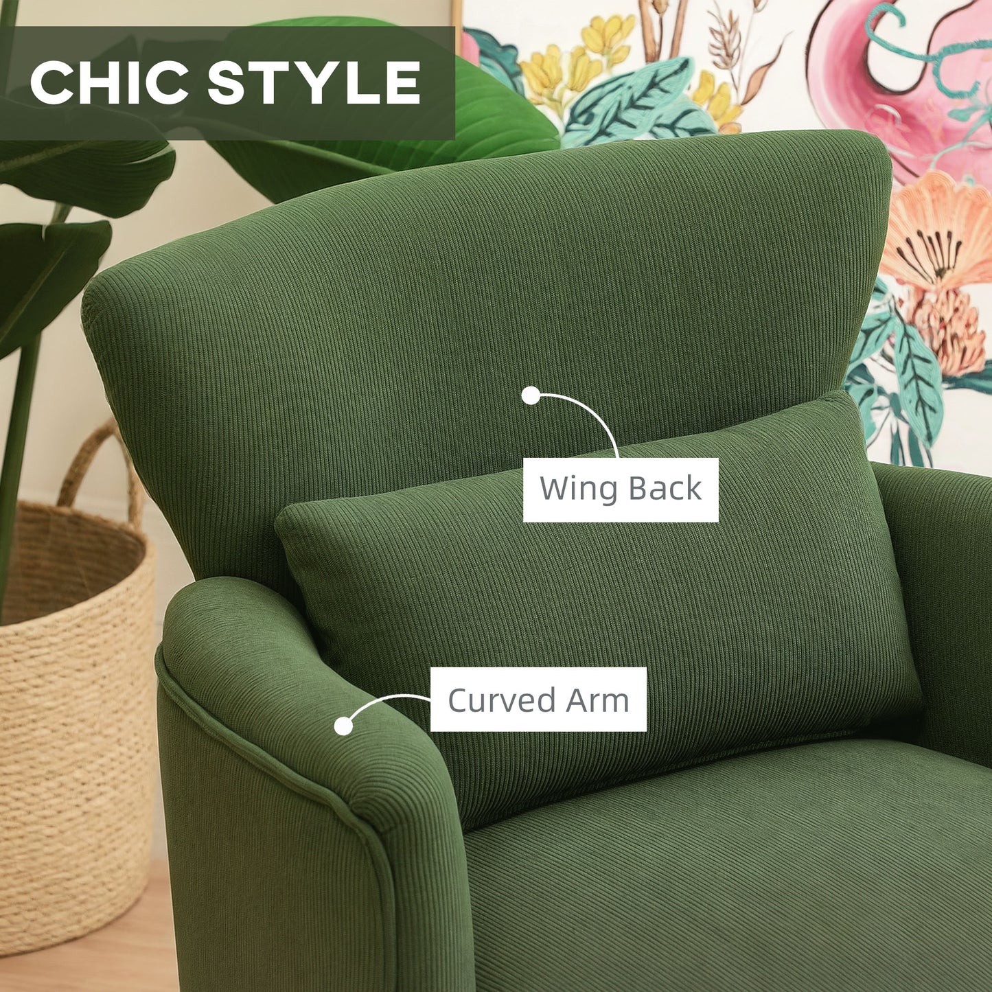 HOMCOM Corduroy Retro Wingback Accent Chair Green With High Density Foam And S Springs For Small Spaces