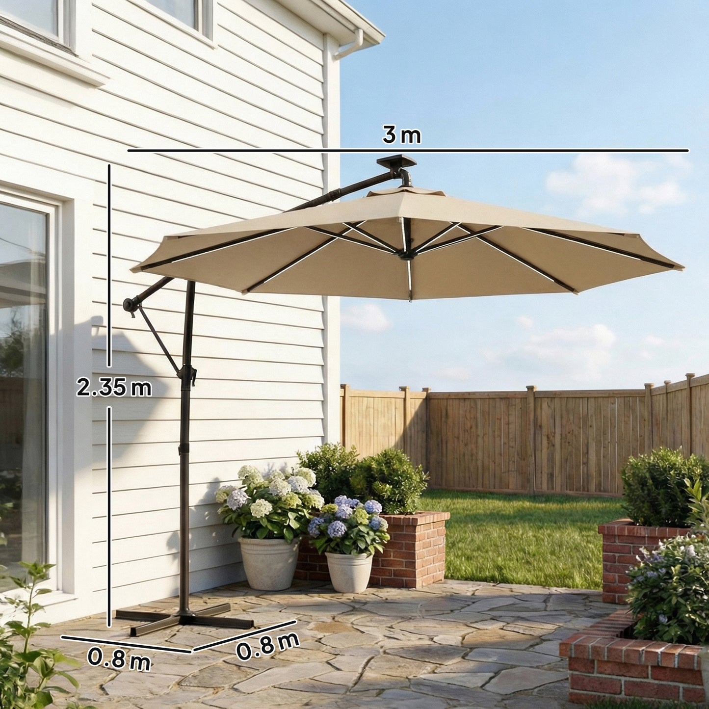 Outsunny Three Meter Cantilever Parasol With LED Solar Lights Round Umbrella 360 Degree Rotation Khaki Cover