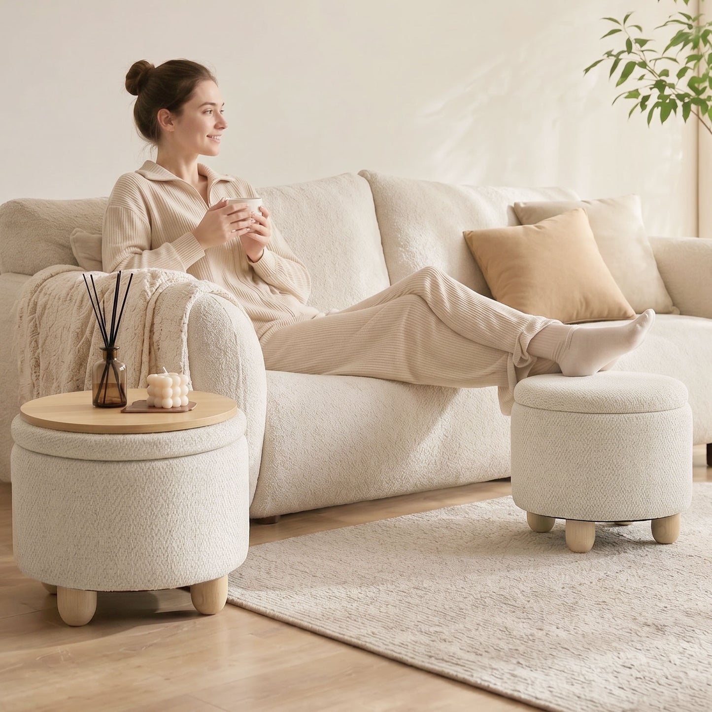 HOMCOM Round Storage Ottoman Bench With Lid Beige Rubberwood Legs For Living Room Organization