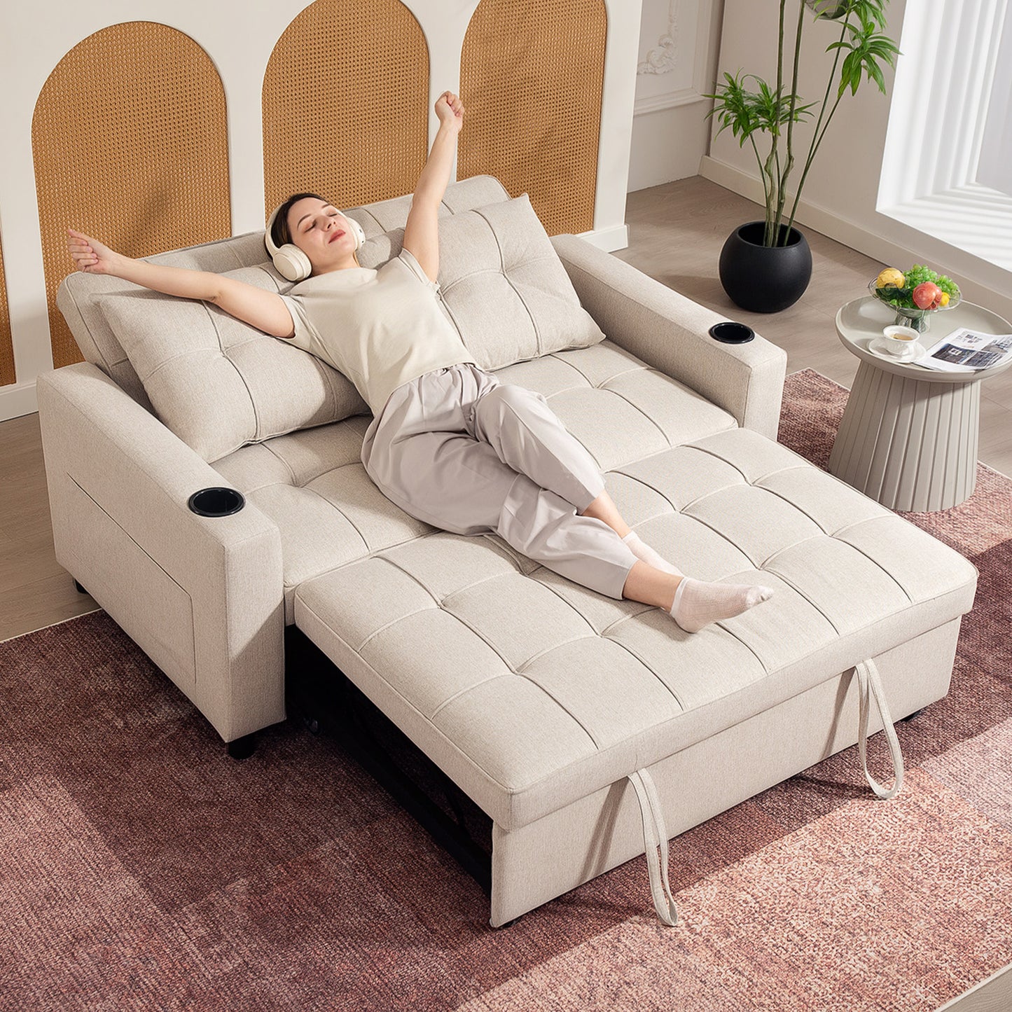 HOMCOM Two Seater Pull Out Sofa Bed Beige For Living Room Convertible Sofa Bed With High Density Foam