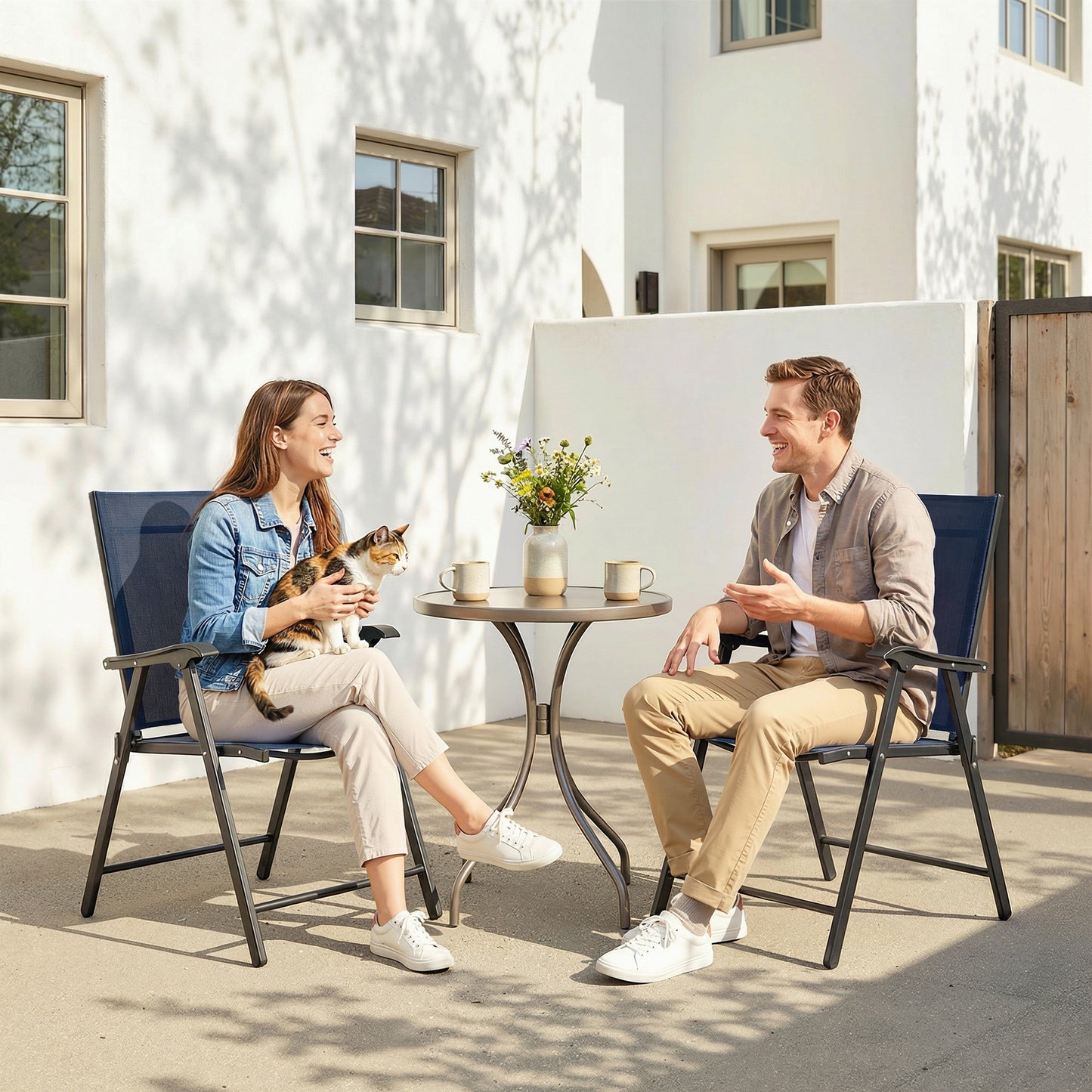 Outsunny Folding Garden Chairs Set Of 2 With High Back Armrests Texteline Seat Navy Blue